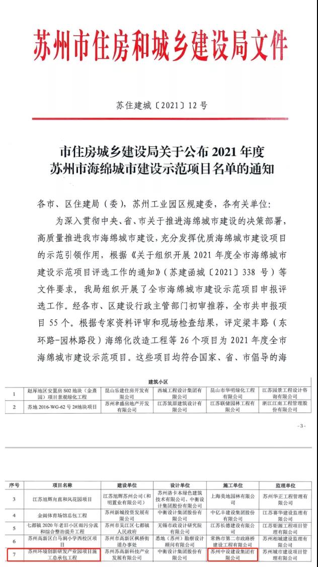 蘇州中設“清華園”項目喜獲2021年“蘇州市海綿城市建設示范項目”