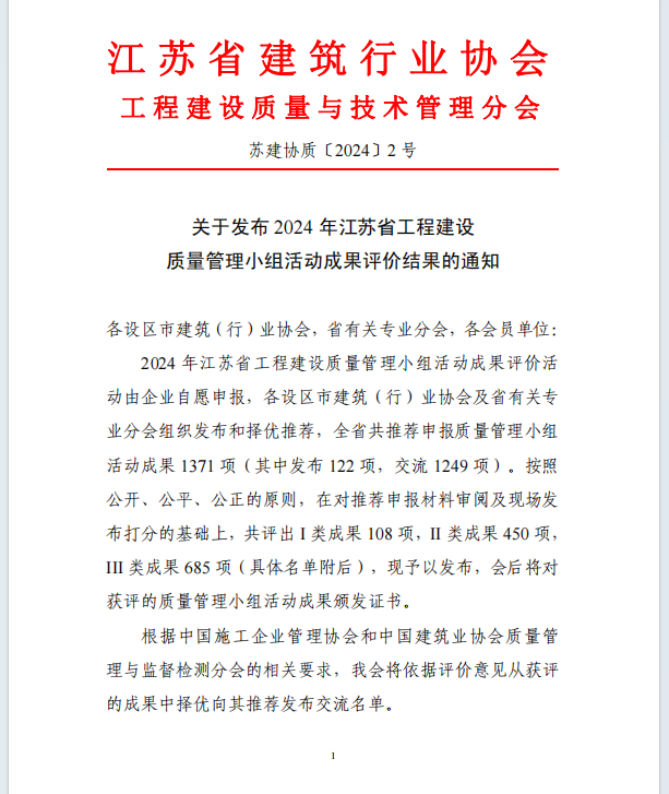 【喜訊】集團公司多項QC成果榮獲2024年江蘇省建設(shè)質(zhì)量管理小組活動成果獎、多項工法被評為江蘇省省級工法